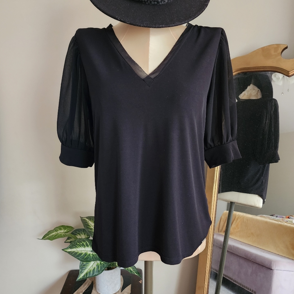 Calvin Klein Black Sheer Puff Sleeve V-Neck Blouse
